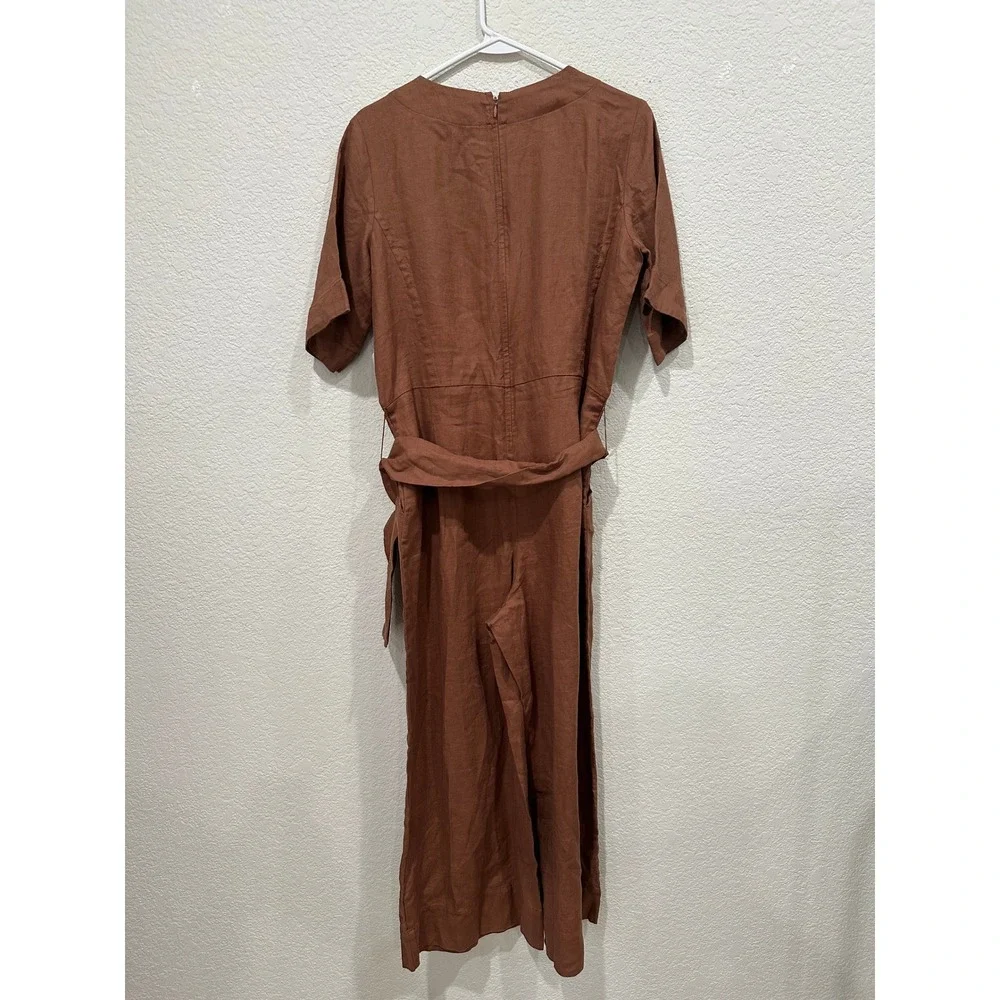 Everlane The Wrap Jumpsuit Brown Linen Blend Wrap V-Neck Wide Leg Belted Size 0